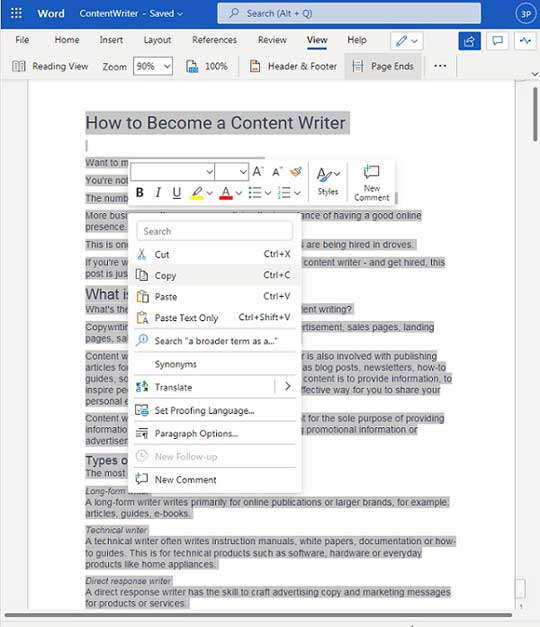 how to copy a page in MS Word